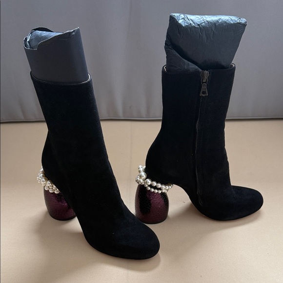 Dries Van Noten Shoes - Dries Van Noten Black Suede Boots with Pearl and Purple Heels